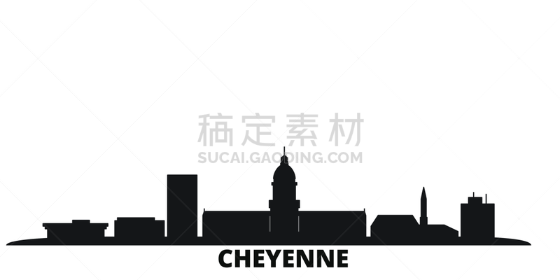 绘画插图,都市风景,城市天际线,美国,夏延,矢量,黑色,分离着色,商务,背景分离