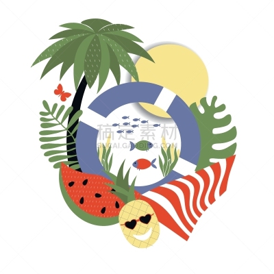 夏天,矢量,绘画插图,菠萝,西瓜,棕榈树,暑假,标签,高雅,化妆舞会服