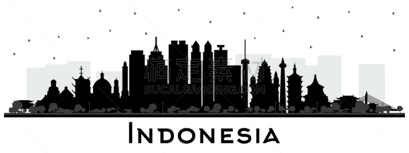 indonesia cities skyline silhouette with black