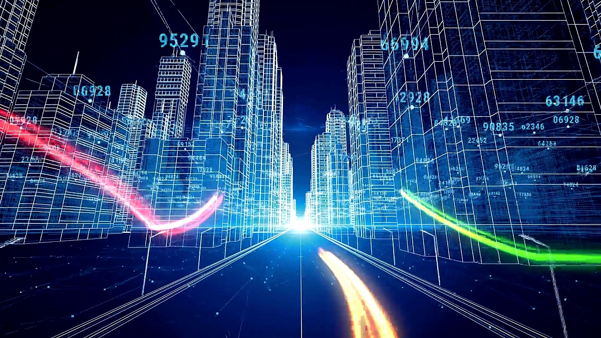 彩笔飞过数字夜城与数字和网格。3D蓝图业务和技术概念。3D动画。