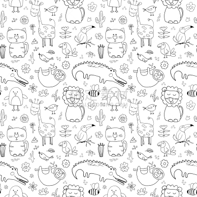 可爱的,动物,四方连续纹样,绘画插图,卡通,乱画,矢量,动物手,纺织品,野生动物