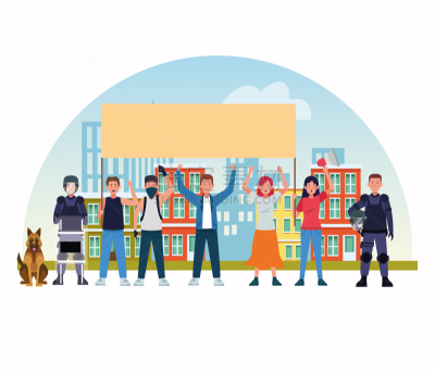 警官,人,狗,人群,有序,自由,女人,市场营销,活动家,绘画插图