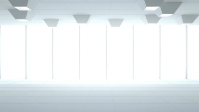 空陈列室的瓷砖地板和窗户，新办公室的现代室内设计，白色背景环