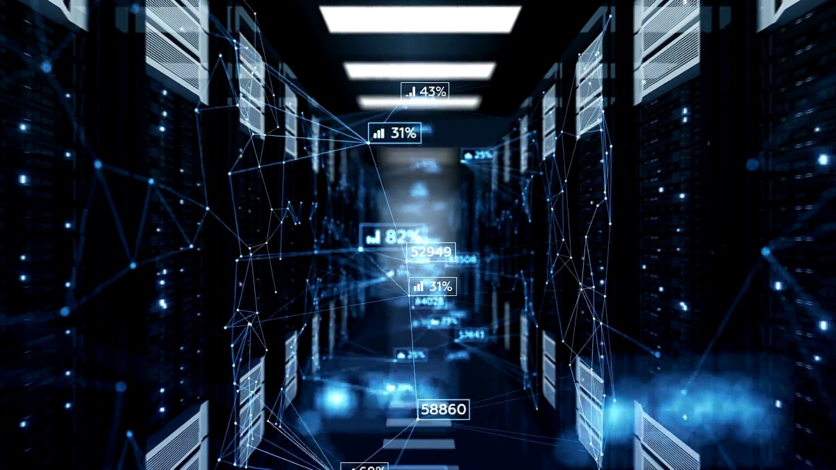 美丽的蓝色抽象数字在DOF模糊的抽象服务器机房中移动。数据中心的循环3D动画。商业和未来技术概念。
