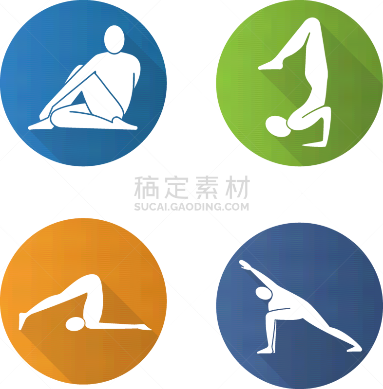 yoga asanas flat design long shadow icons set