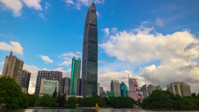 蓝天晴天深圳市公园湖泊全景  timelapse China