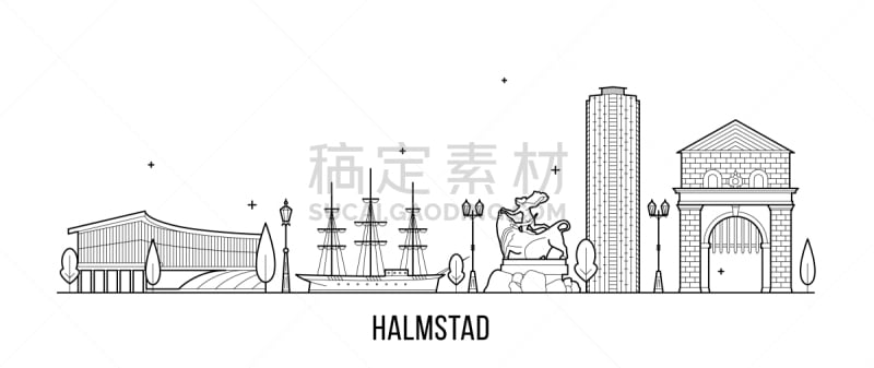 哈尔姆斯塔德,城市天际线,Halland,线条画,瑞典,直的,船,河流,剪影