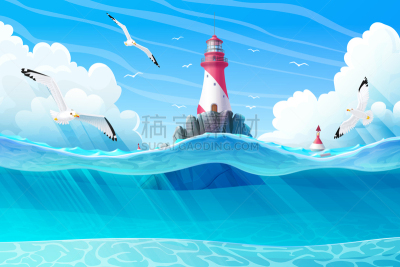 灯塔楼,海洋,动画片,深的,浮标,云,天气,船,鸟类,复古