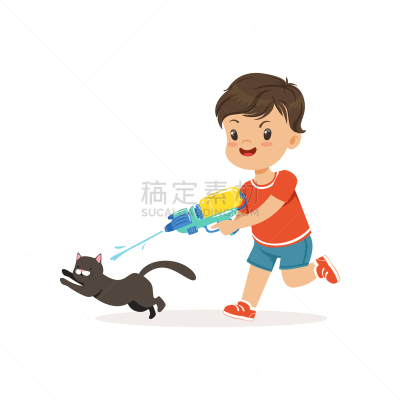 男孩,可爱的,猫,水,黑色,白色,倒,欺凌