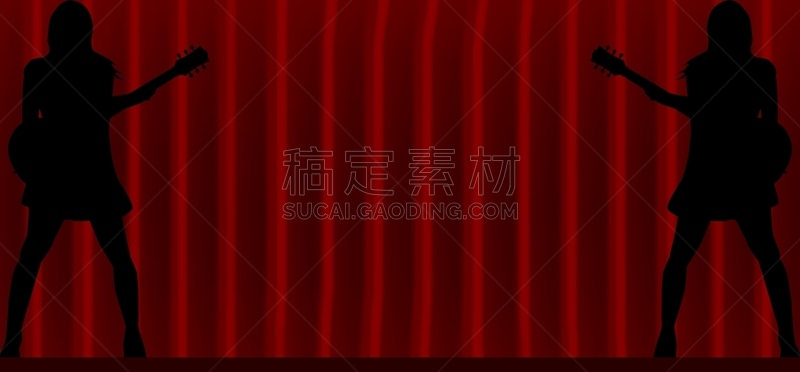 舞台,吉他手,表演者,女性,女人,女孩,红色,图像,矢量,剪影