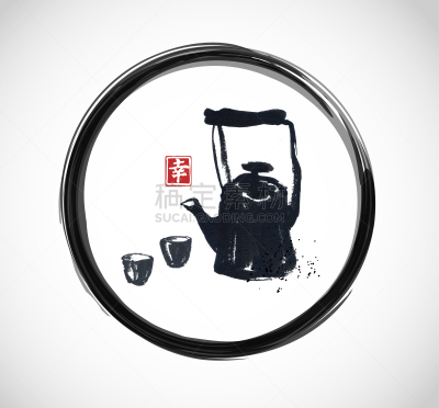 传统,杯,日本,烟灰墨,茶壶,手,水墨画,黑色,白色背景