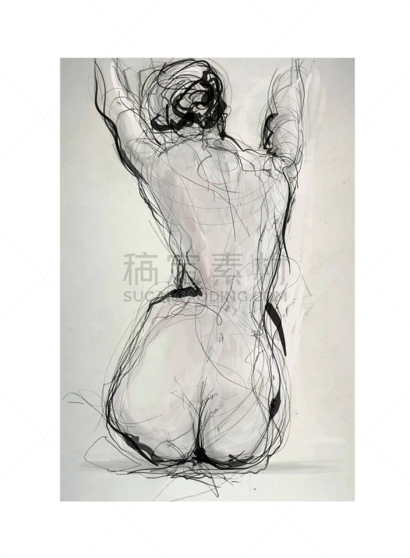 背面视角,草图,青年女人,羊毛帽,水彩画颜料,一个人,女人,头发