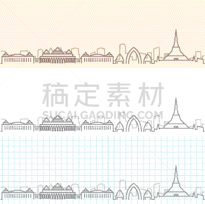内比都,城市天际线,亚洲,东南亚半岛,铅笔,图像,缅甸,矢量,绘制,剪影