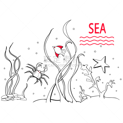 海洋,水族馆,鱼类,绘画插图,矢量,珊瑚,螃蟹,海草,海洋生命,星形