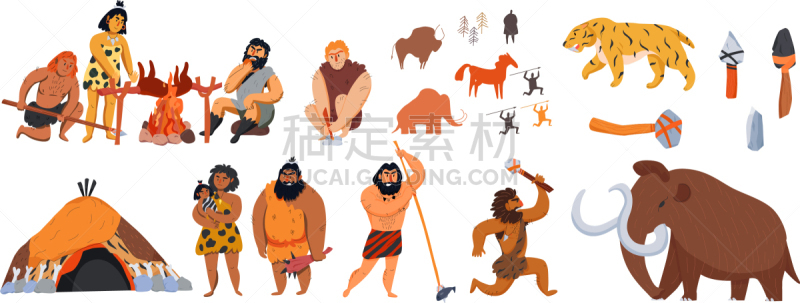男穴居人,卡通,华丽的,人,男人,概念,布置,收集,设计