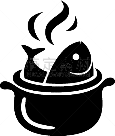 锅,插画,鱼肉,可爱的,白色,热,海产,蒸汽,油炸