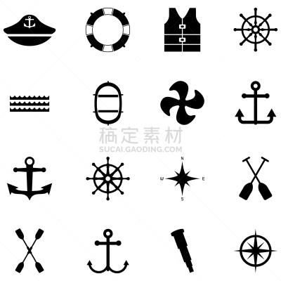 海港,图标集,分离着色,白色,水上飞机,图像,海洋,船,锚,雷达