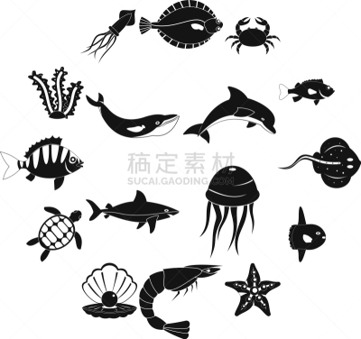 海洋生命,计算机图标,可爱的,图像,鲽,海洋,水母,鲸,海豚,收集