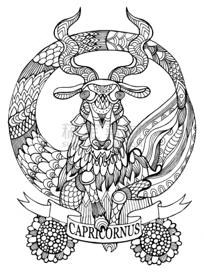 彩色书,标志,摩羯座,华丽的,野生动物,山羊,动物,装饰物,绘制