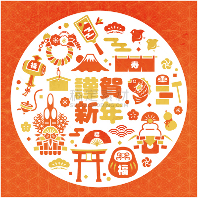 新年前夕,绘画插图,日本,镜饼,可爱的,一月,富士山,鸟居,背景,卡通