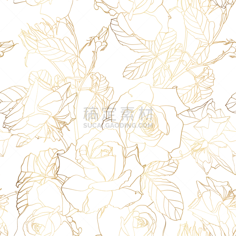 玫瑰,仅一朵花,叶子,四方连续纹样,金色,线条,白色背景,壁纸,华贵,花