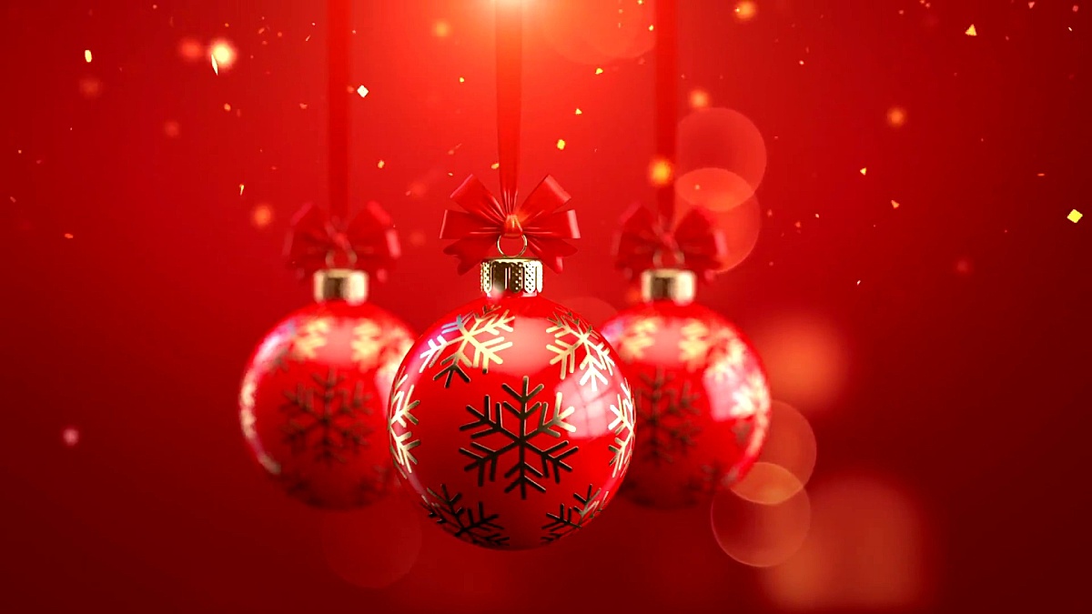 3D渲染三个红色装饰的圣诞球，在闪闪发光的背景上有蝴蝶结，可无缝循环动画