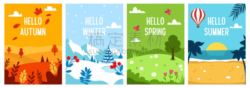 春天,背景,夏天,季节,秋天,平坦的,冬天,矢量,设计