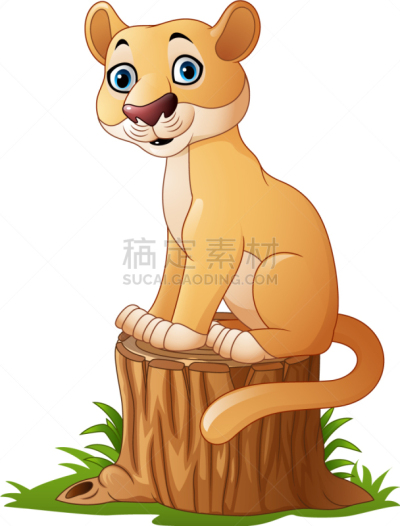 猫,树桩,卡通,可爱的,摆拍,木材,狮子,哺乳纲,动物,坐