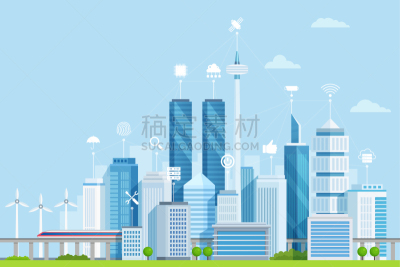 无线电通信装置,物联网,现代,能源,绘画插图,卡通,城市,未来,风力,建筑外部