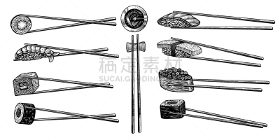 寿司,线条画,厨房,筷子,矢量,黑色,分离着色,白色背景,卷起