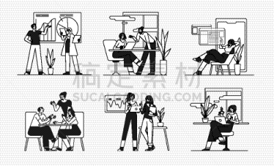 女人,绘画插图,卡通,办公室,脑风暴,轮廓,男人,矢量,讨论,捆