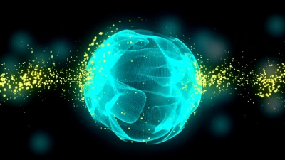 使用粒子和球体抽象运动背景。带有线条的旋转球体的动画运动背景