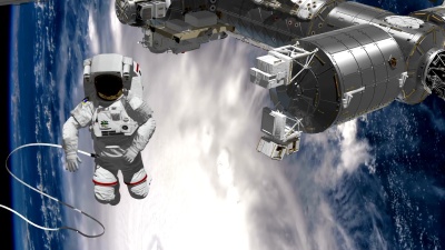 宇航员太空行走，在空旷的空间挥舞着他的手。国际空间站ISS在地球大气层上旋转。后面有飓风。