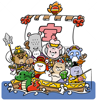 七个幸运神,鼠,百宝箱,可爱的,日本武士,新年,多闻天王,惠比寿,2020,垂直画幅