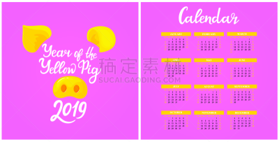 猪,黄色,文字,2019,星期日,日历,动物手,新的,十二生肖