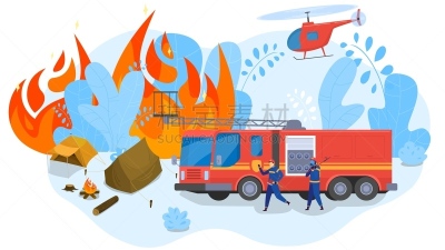 森林火灾,矢量,绘画插图,人,消防员,起跑线,高潮,卡车,汽车,仅男人