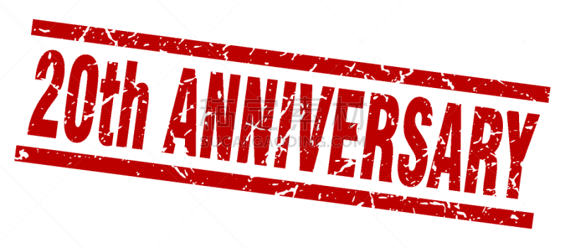 红色,橡皮章,第二十周年,正方形,分离着色,数字20,周年纪念,白色背景,剥皮器,模板
