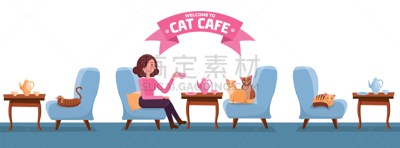 模板,女孩,公寓,咖啡,粉色,矢量,式样,水平画幅,餐馆,绘画插图