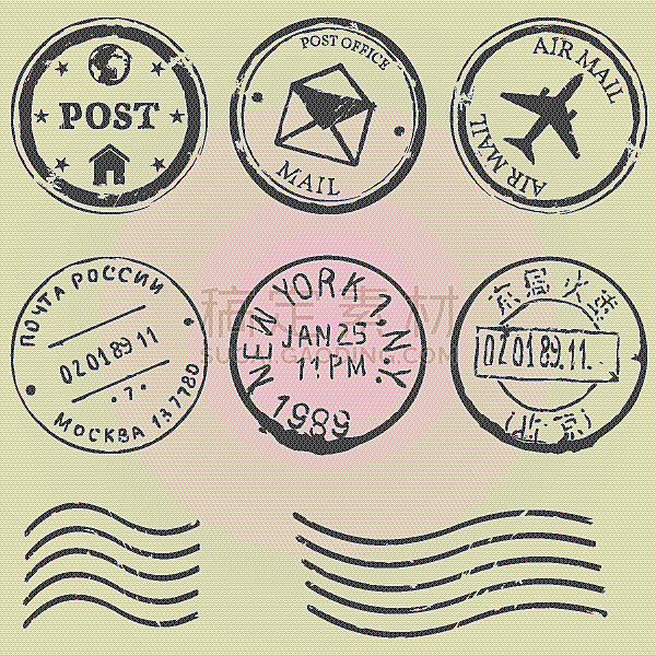 set postal stamps on brown background