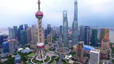 陆家嘴商业中心鸟瞰，上海，中国。