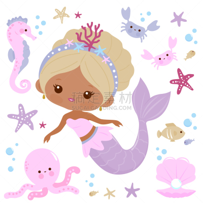 绘画插图,美人鱼,矢量,海洋生命,自然美,可爱的,希腊,公主,海星,动物