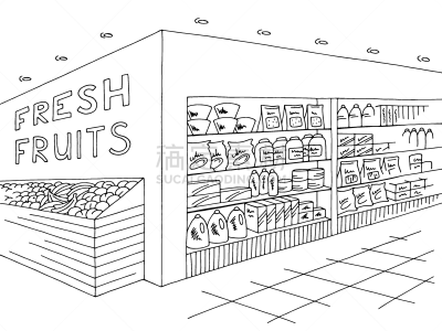 食品杂货,草图,绘画插图,白色,商店,矢量,黑色,插画,商业内部,商务