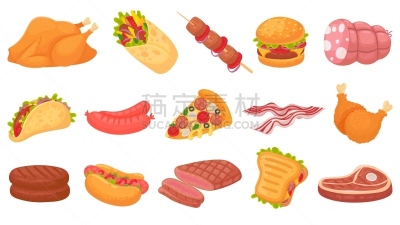牛排,格子烤肉,墨西哥玉米煎饼,玉米饼,矢量,卡通,汉堡包,绘画插图,香肠,油炸