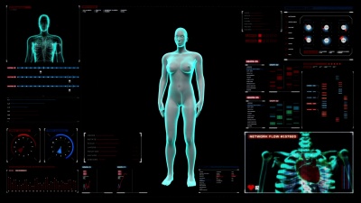 缩放女性身体扫描子宫在数字显示仪表盘。