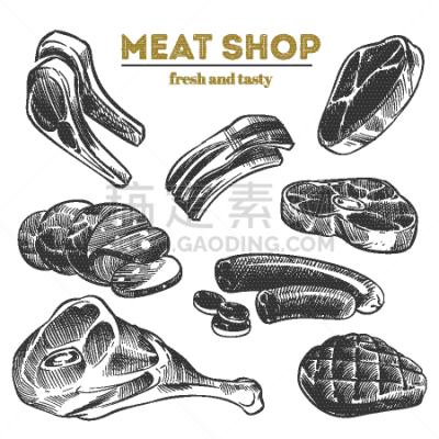 草图,白色,分离着色,动物手,肉制品,牛排,菜单,清新,食品,烹调