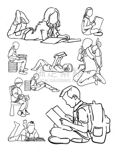 线条画,儿童,书,草图,人,学生,女孩,读书,坐,休闲