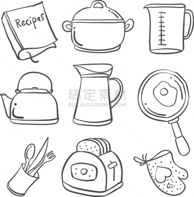 乱画,厨房,银餐具,饮料,可爱的,咖啡,食品,绘制,收集,烹调