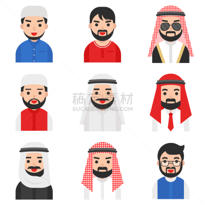 男人,图标集,矢量,头像,阿拉伯人头巾,人,斗篷,图像,络腮胡子,波斯湾