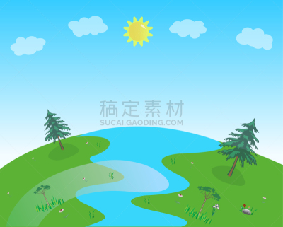 地球日,云,地球形,河流,天空,绘画插图,草地,矢量,太阳,树