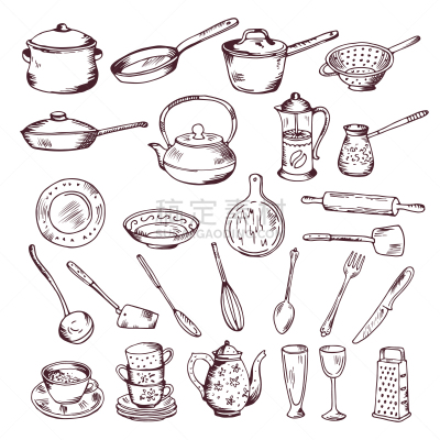 厨房器具,银餐具,分离着色,白色,锅,长柄勺,汤匙,图像,绘制,收集
